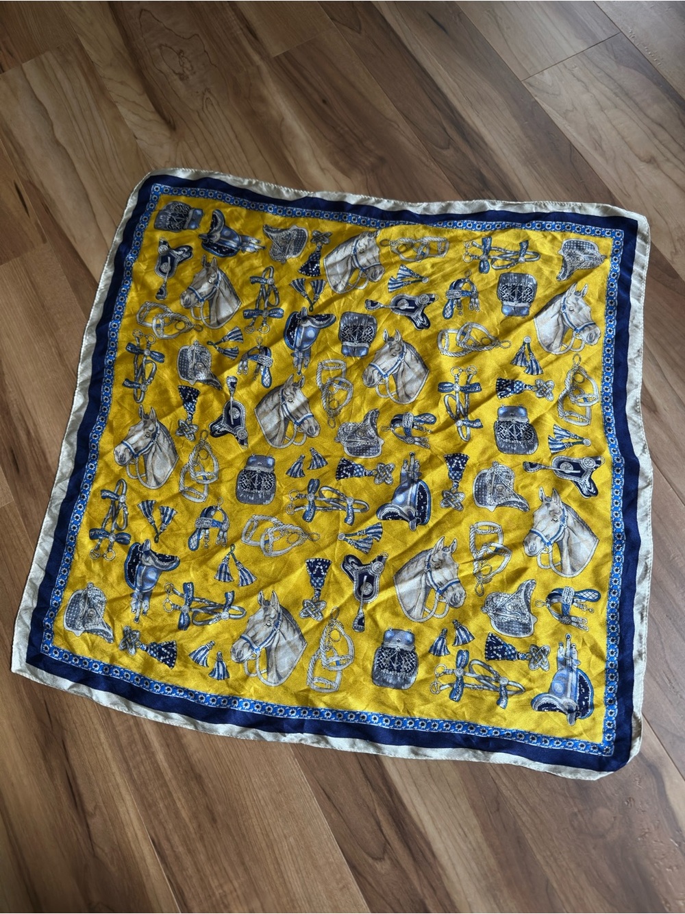 Vintage Yellow Equestrian Print 100% Silk Scarf Bandana